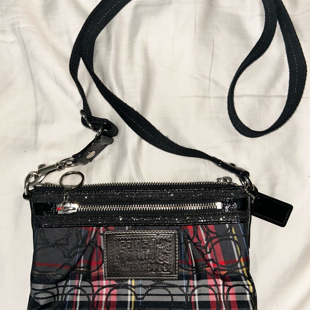 Plaid Coach Poppy Crossbody Bag with Black Strap